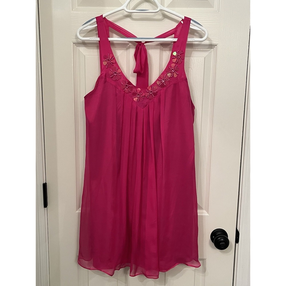Ryu‎ Hot Pink 100% Silk Beaded Lined Halter Mini Dress Sz Large Coquette Playful